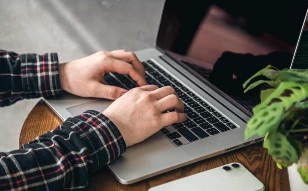 Close-up of hands typing on a laptop with a plant beside