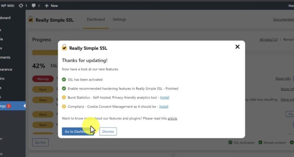 A screenshot of a WordPress admin panel with a notification from "Really Simple SSL" plugin showing an update completion message