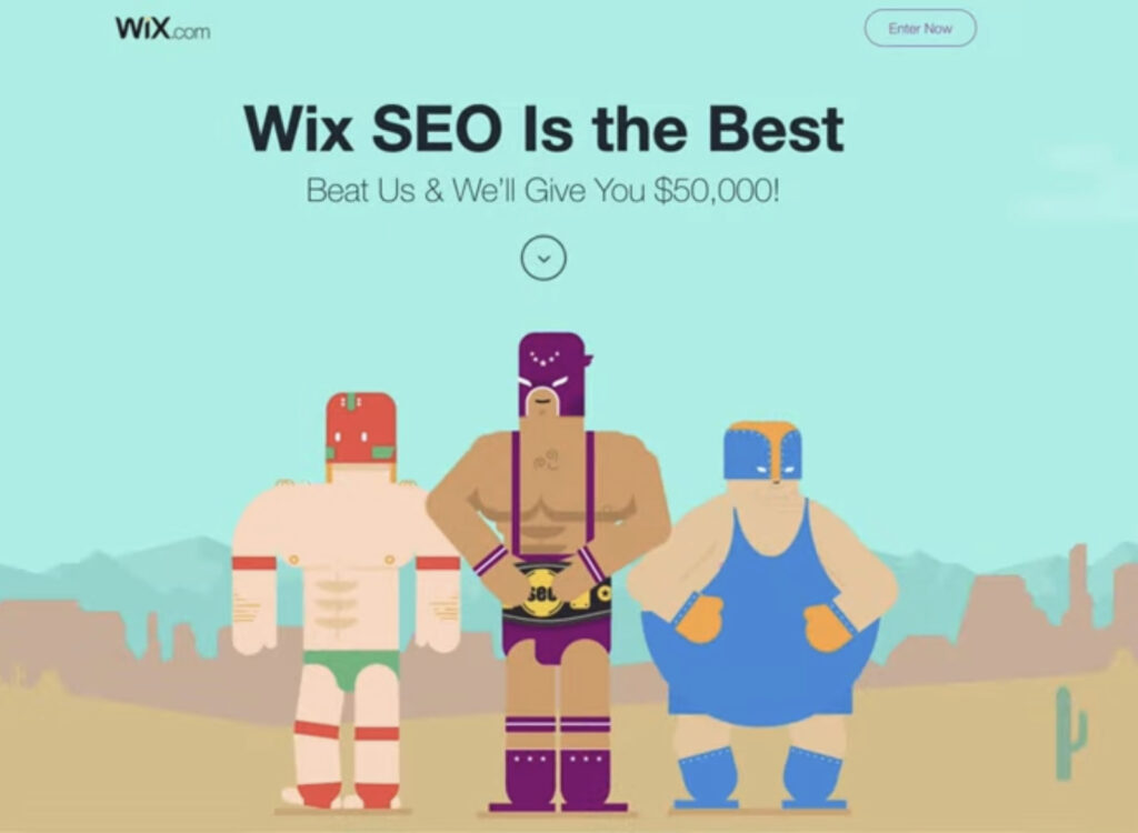 Wix SEO Challenge advert with cartoon wrestlers, promising $50,000 reward for beating their SEO