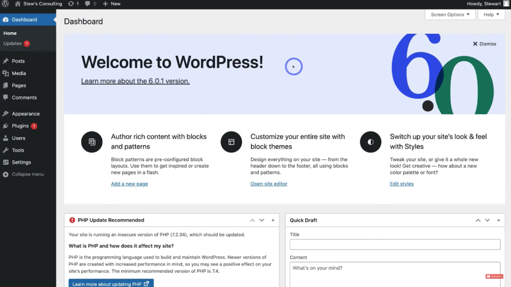 WordPress dashboard on a computer screen, the welcome message and site customization options